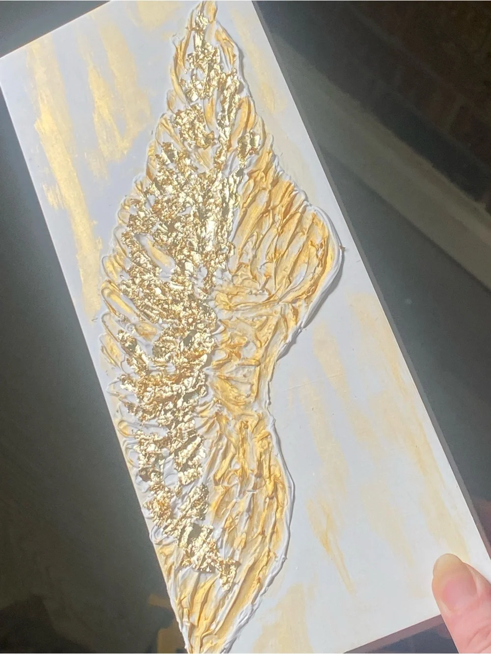 Gold Textured Angel Wing Wall Art - White and Gold Leaf on 12x5 Wood Plank